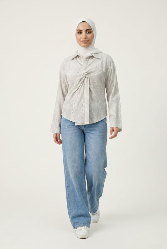 Embroidered Twist-Front Blouse - Beige