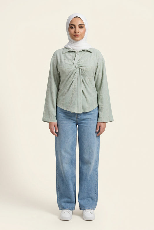 Embroidered Twist-Front Blouse - Sage Green
