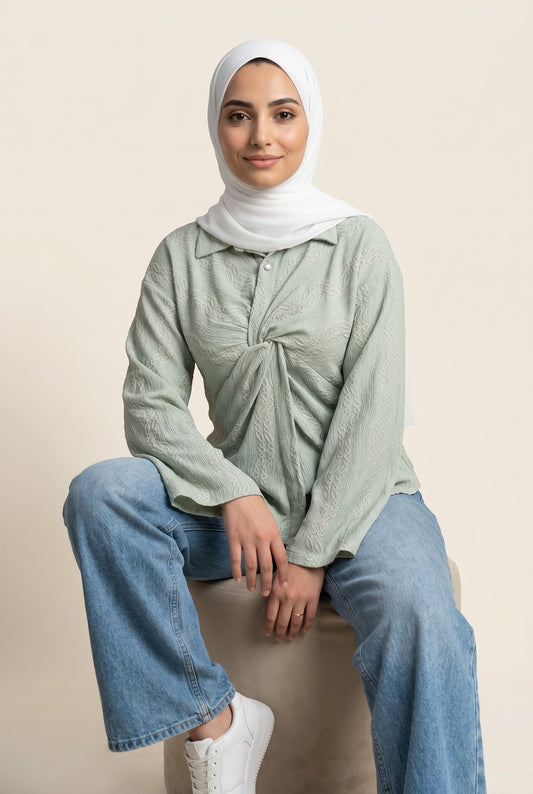 Embroidered Twist-Front Blouse - Sage Green