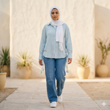 قميص تونيك أزرق فاتح بخامة مزخرفة وتفاصيل ربط جانبية