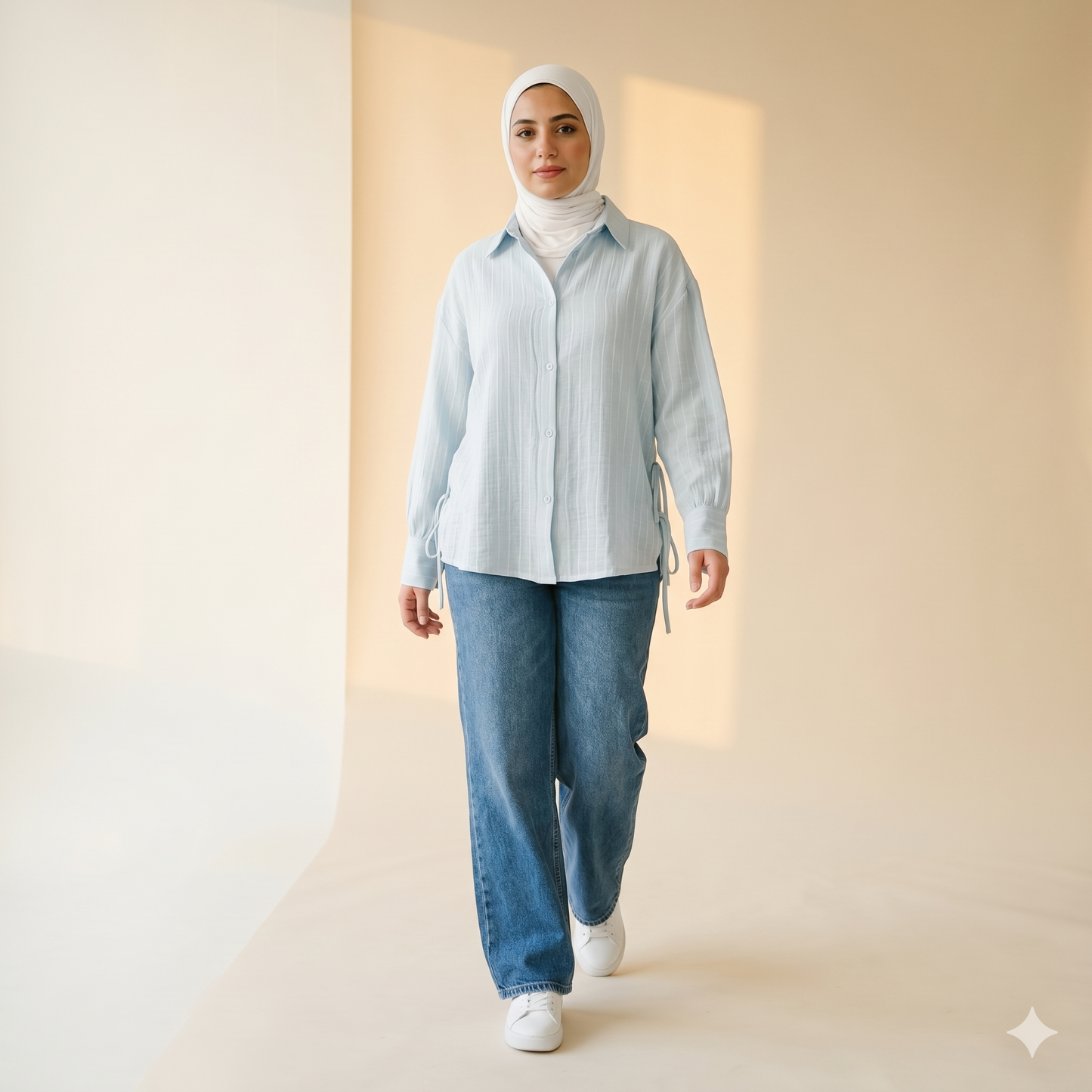 قميص تونيك أزرق فاتح بخامة مزخرفة وتفاصيل ربط جانبية
